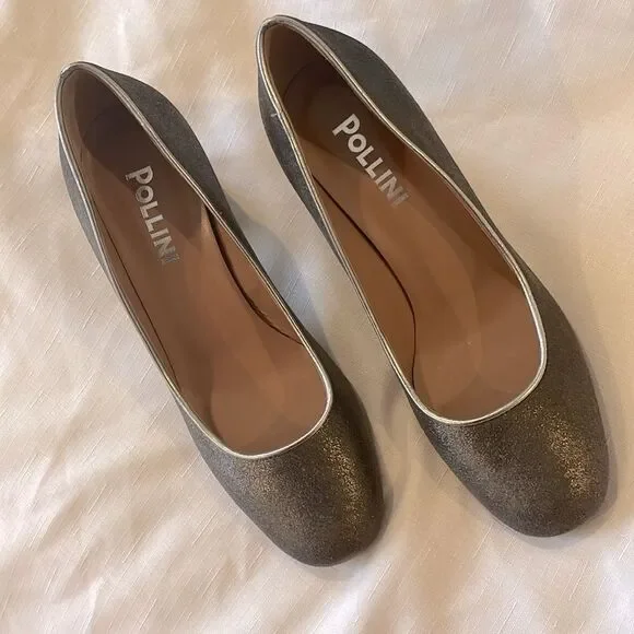 POLLINI PEWTER LEATHER BLOCK HEEL PUMPS.  NEW - Picture 2 of 8